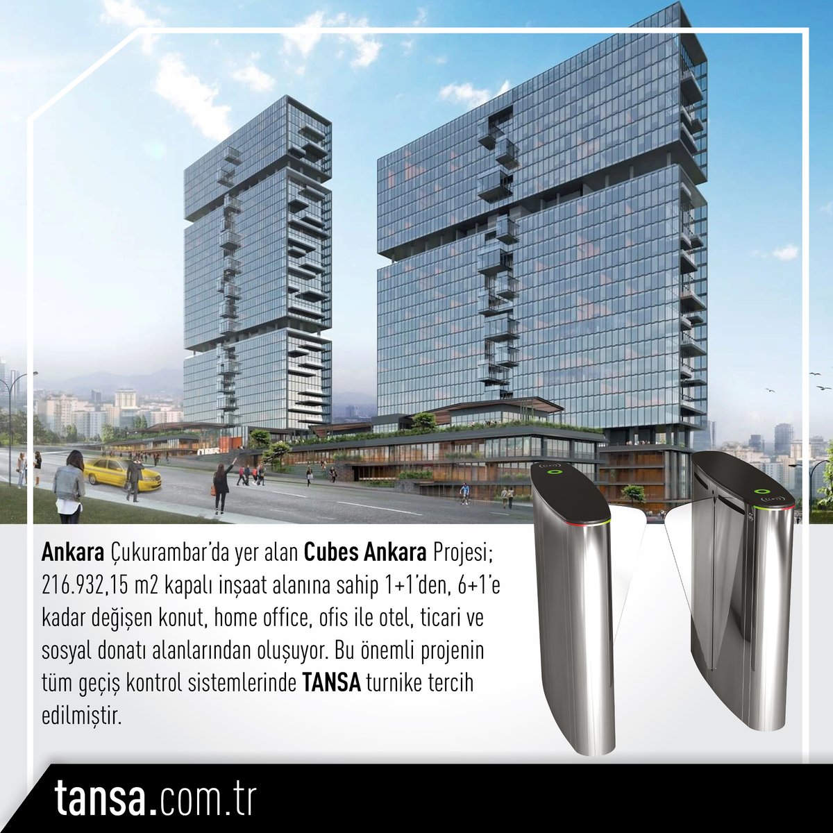 TansaTurnike's tweet image. Ankara Çukurambar’da yer alan Cubes Ankara Projesi; 216.932,15 m2 kapalı inşaat alanına sahip. Bu önemli projenin tüm geçiş kontrol sistemlerinde TANSA turnike tercih edilmiştir.

#TANSA #CubesAnkara #EntranceControl #Ankara #Turnike