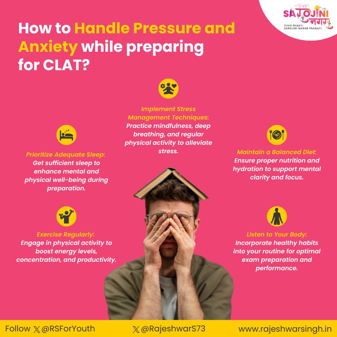 RSForYouth's tweet photo. Master CLAT prep with these 5 anxiety-busting tips: Stay organized, practice mindfulness, take breaks, seek support, and maintain a healthy lifestyle. Conquer your fears and ace the exam with confidence!
#rsforyouth #CLATPrep #HandleAnxiety #ExamStressRelief #StayFocused https://t.co/UZW84hEph4
