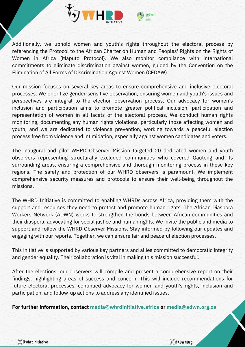 African Initiative of Women Human Rights Defenders (@whrdinitiative) on Twitter photo Promoting Constitutional Democracy and Violence-free Electoral Processes
Women Human Rights Defenders (WHRDs) Observe South Africa's 2024 Elections
29 May 2024
In a landmark initiative, the African Initiative of Women Human Rights Defenders (<a href="/whrdinitiative/">African Initiative of Women Human Rights Defenders</a> ) and the African Promoting Constitutional Democracy and Violence-free Electoral Processes
Women Human Rights Defenders (WHRDs) Observe South Africa's 2024 Elections
29 May 2024
In a landmark initiative, the African Initiative of Women Human Rights Defenders (<a href="/whrdinitiative/">African Initiative of Women Human Rights Defenders</a> ) and the African
