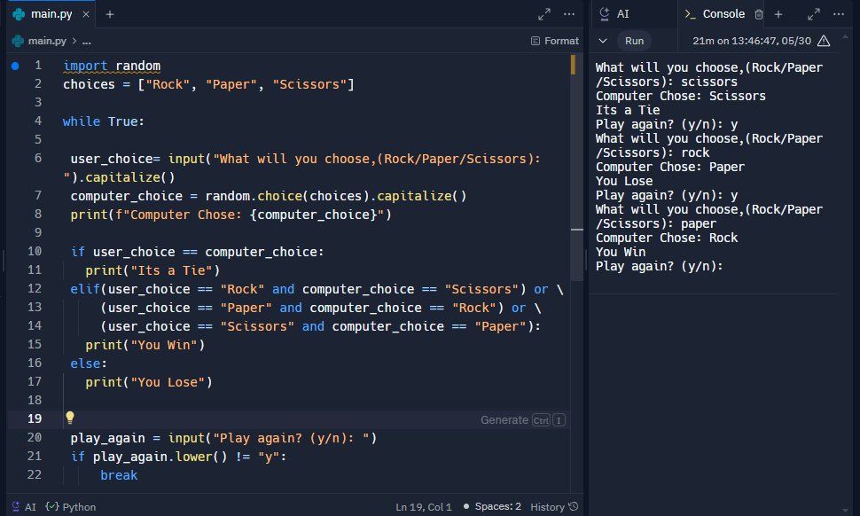 RohanDevZone's tweet image. Rock Paper Scissor Project in Python #python #rockpaperscissor #pythonprogram #coding #coder #pythonprogrammer #programming #pythonproject #programmers #codinghub #project #ai #artificialintelligence #gamedevelopment #game #gameproject #gamedev