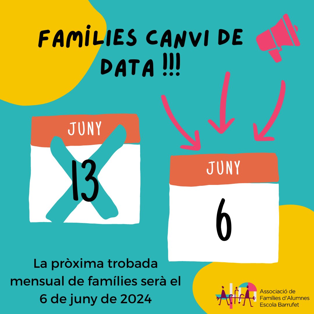 AfaBarrufet's tweet photo. Atenció, la pròxima trobada mensual de famílies serà el 6 de juny!

Aviat rebreu la convocatòria i l'acta de la trobada anterior. https://t.co/gbeFuFbmZX