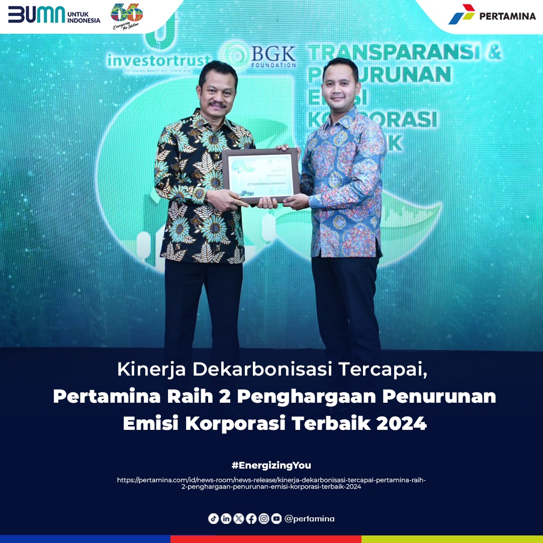 Pertamina Raih 2 Penghargaan Penurunan Emisi Korporasi Terbaik 2024🏆 Prestasi ini didapat atas keberhasilan Pertamina yang berhasil mencatatkan kinerja pengurangan emisi karbon hingga capaian 8,5 Juta Ton C02 atau setara 34% emisi. 👉pertamina.com/id/news-room/n… #EnergizingYou