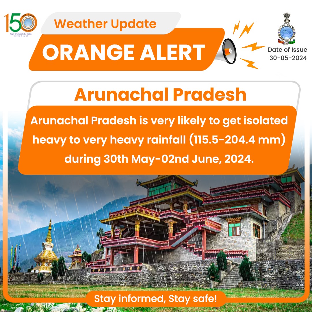 Arunachal Pradesh is very likely to get isolated heavy to very heavy rainfall (115.5-204.4 mm) during 30th May-02nd June, 2024. #rainfallalert #weatherupdate #rain @moesgoi @DDNewslive @ndmaindia @airnewsalerts