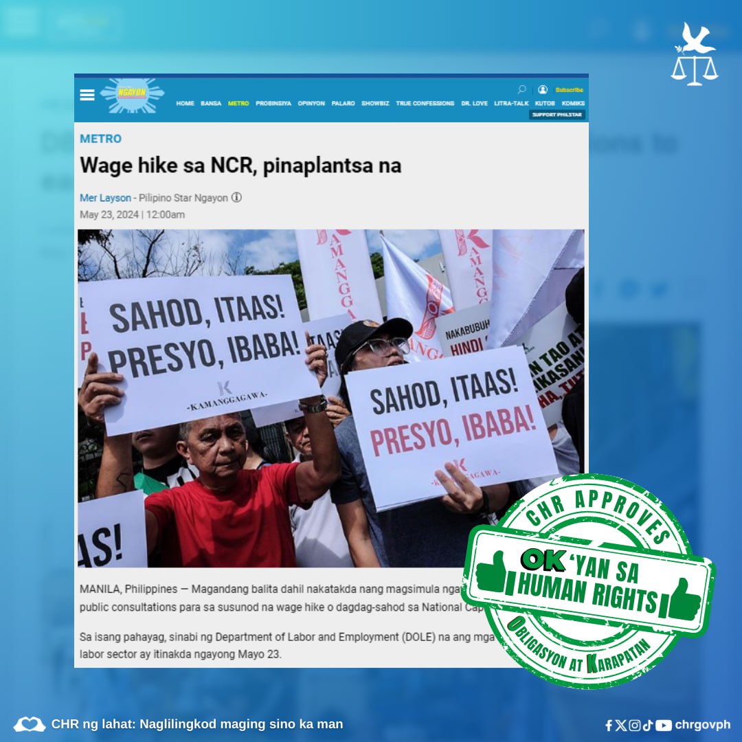 Magandang balita dahil nakatakda nang magsimula ngayong buwan ang serye ng public consultations para sa susunod na wage hike o dagdag-sahod sa National Capital Region (NCR). Basahin: philstar.com/.../wage-hike-… #ObligasyonAtKarapatan #RightToJustRenumerationForTheirWork