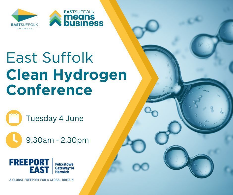 Last chance to secure your place at the <a href="/EastSuffolk/">East Suffolk Council</a> Clean Hydrogen Conference! ⌛ 

Registration will close at 6pm TOMORROW (Friday 31st May) so book your ticket now: buff.ly/4bw9NXk

Come and meet our sponsor <a href="/FreeportEast/">FreeportEast</a> at the conference on the 4th June.