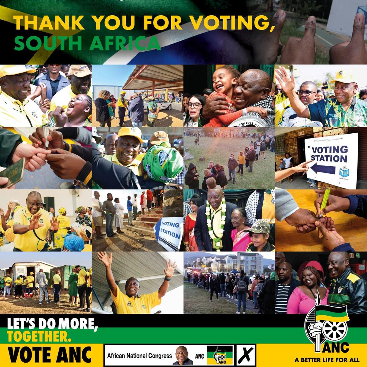 MYANC's tweet photo. The ANC wishes to extend its gratitude to each and every South African for coming out in their numbers to exercise their much fought for democratic right to vote. The ANC trusts that the counting process will proceed smoothly and that the results will reflect the will of the South African people.

#ANCThanksSA