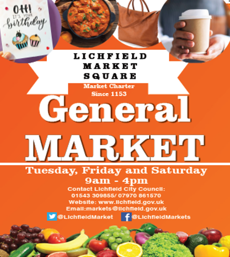 LichfieldMarket's tweet photo. Back tomorrow the Lichfield Friday General Market , weather looking settled so please come down and visit the market , our Lichfield Market Traders will be ready to serve you a wide variety of goods from 9am through to 4pm https://t.co/e4y5fnceQe