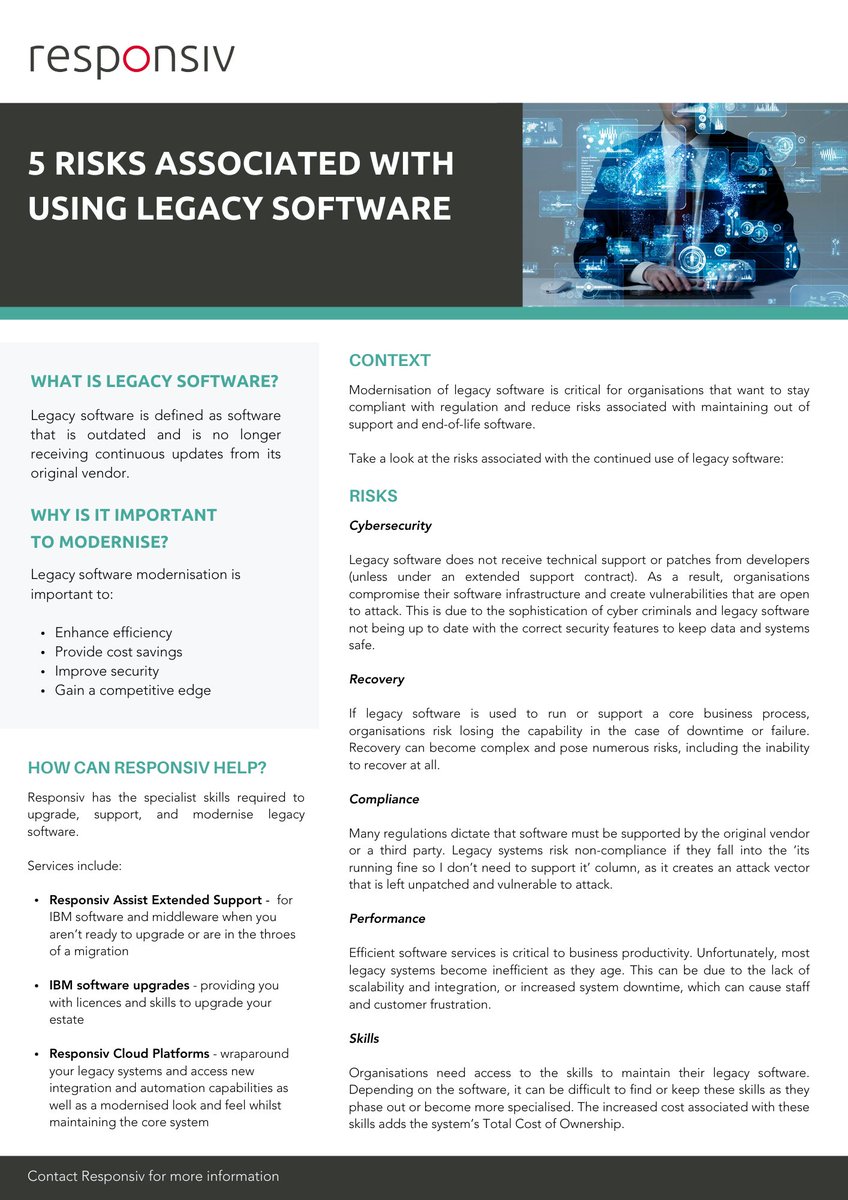 BeingResponsiv's tweet photo. Continued use of legacy software can create risks around:
👉 Cybersecurity
👉 Recovery
👉 Compliance
👉 Performance
👉 Skills

Eliminate risk and stay compliant with regulation by modernising your legacy software.

Read more below:
https://t.co/GXlCtbzHyc https://t.co/DCowrIe4Jb