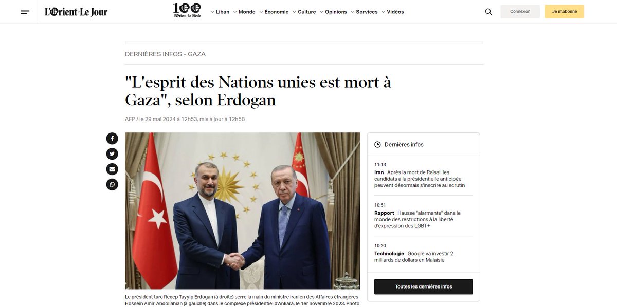 Cumhurbaşkanı Erdoğan'ın, İslam dünyasının İsrail'e karşı ortak harekete geçme çağrısı, Arap basınında geniş yer buldu. 🗣️Lübnan gazetesi L'Orient-Le Jour: 📌Cumhurbaşkanı Erdoğan, İslam dünyasına harekete geçme çağrısı yaptı; “BM kendi personelini ya da insani yardım