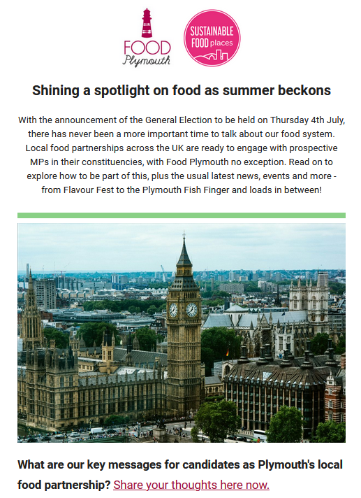 Missed our May newsletter? Find the latest #sustainablefood news, opportunities and events in #Plymouth here, including #flavourfest2024 this weekend and more! Plus, let us know your key food system issues to highlight to candidates before 5th July... 👉 mailchi.mp/.../food-plymo…