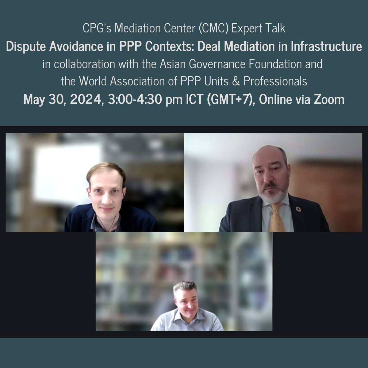 Happening now: Webinar with Dipl. iur. Jean-Christophe Barth, 2024 Judge Weinstein JAMS Fellow. Moderated by Lucas Meier, Senior Program Officer at CPG.

“Dispute Avoidance in PPP Contexts' (CPG Mediation Center Webinar Series).
#DisputeAvoidance #PPP #InfrastructureProjects #CPG