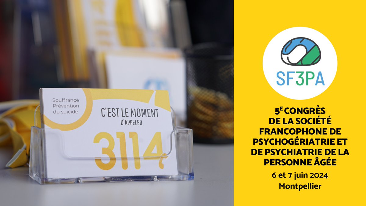 3114_appel's tweet photo. 📆DANS L’AGENDA : Les 6 et 7 juin, les équipes du 3114 seront présentes au 5e congrès de la #SF3PA - Société Francophone de Psychogériatrie et de Psychiatrie de la Personne Âgée de #Montpellier qui a pour thème “Vieillissement des pathologies psychiatriques”.
Professionnels, n’hésitez pas à venir nous rencontrer !
Inscriptions & infos : https://t.co/4lqbiXaUS0
#geriatrie #psychiatrie #sf3pa #preventionsuicide