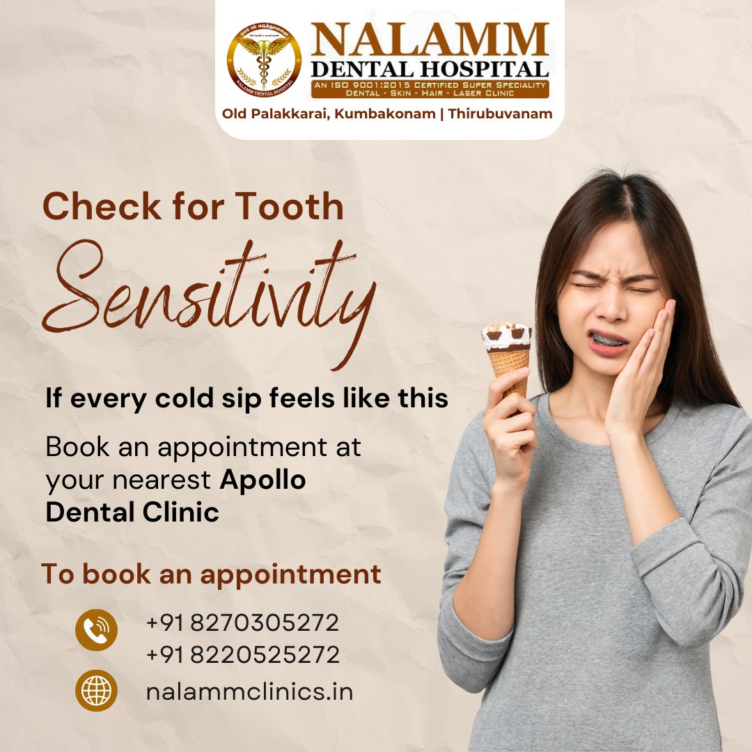 nalamm2024's tweet image. Feeling a zing when you sip coffee or bite into ice cream? 🍦☕ It might be teeth sensitivity! Drop by Nalamm Dental Care in Kumbakonam for a check-up and get back to enjoying your favorites pain-free. Let's protect that sparkling smile! ✨🦷 #TeethSensitivity #DentalCare #Nalamm