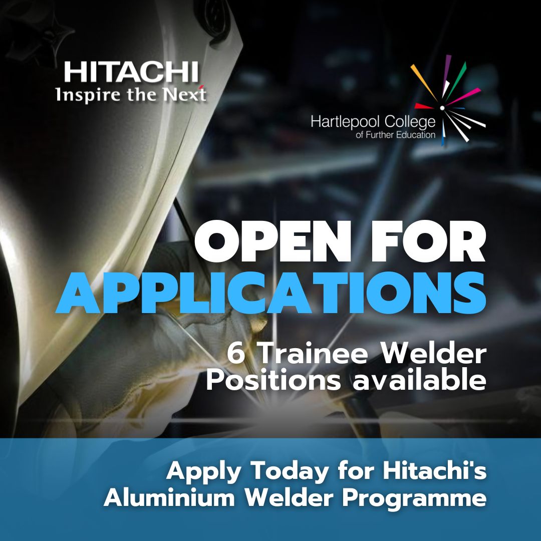 Join Hitachi's Trainee Aluminium Welder Programme! Training with @hartlepoolfe + a 6-month placement at
@HitachiRailENG
Apply by June 10th, 2024. Must be 18+.   
Email CV: HitachiRailTraineeWelder@Hartlepoolfe.ac.uk  #TransformingLives #HitachiTrainees #ApplyToday