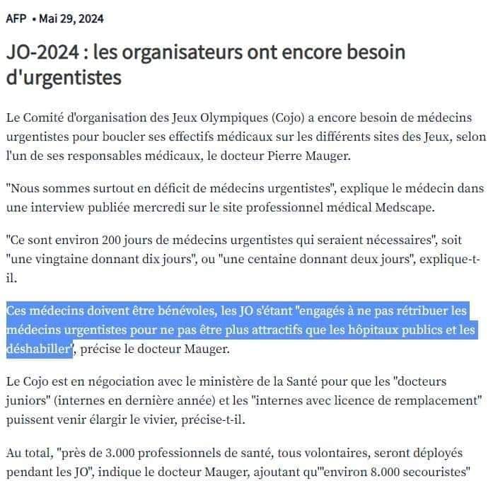 Le  pays, qui dépense 2.5 milliards dans les cabinets de conseils en  prestations discutables, cherche des médecins urgentistes bénévoles... 

La Start Up Nation n'a donc pas changé depuis la crise COVID.

Relire la fable des rameurs et des barreurs, toujours d'actualité.