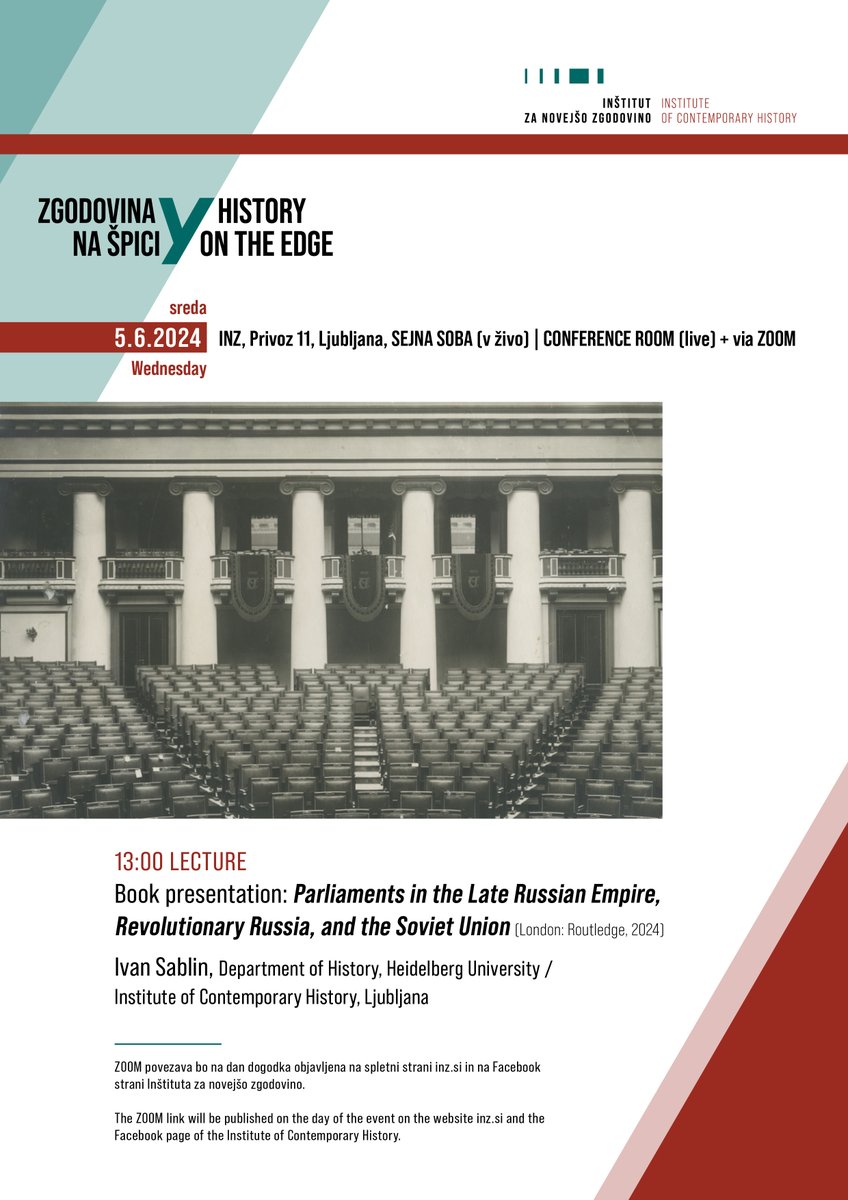 You are kindly invited to the new event of the <a href="/FSpici/">History on the Edge / Zgodovina na Špici</a>, which will take place on Wednesday, 5 June 2024 at 13:00.
Dr. Ivan Sablin will present his book "Parliaments in the Late Russian Empire, Revolutionary Russia, and the Soviet Union."
inz.si/en/Events/Ivan…