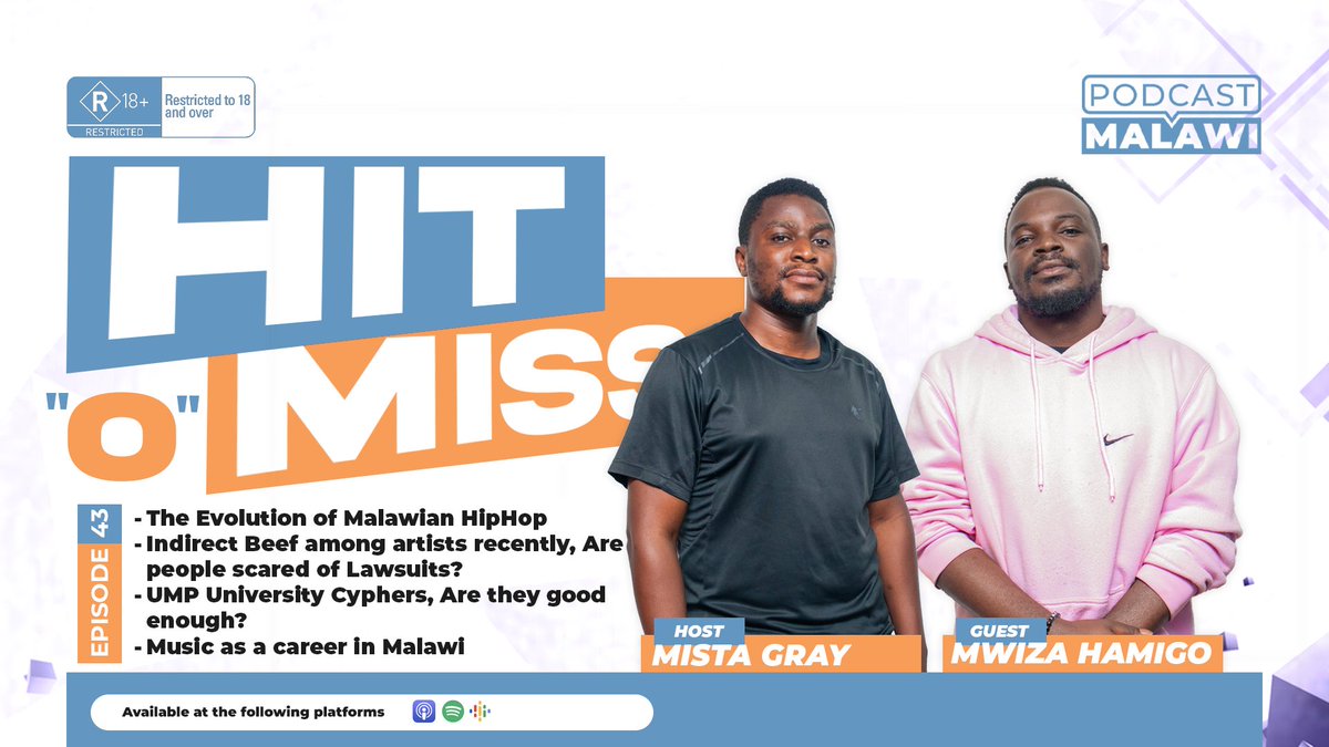 PodcastMalawi's tweet photo. Hit 'O' Miss
Talking points:
1. The evolution of Malawian hip-hop.
2. Indirect beefs among artists recently, are people scared of lawsuits?
3. UMP University Cyphers, Are they good enough?
4. Music as a career in Malawi.
#podcastmalawi #podcastclips #podcasting #number1podcast https://t.co/IWisJcqAqz