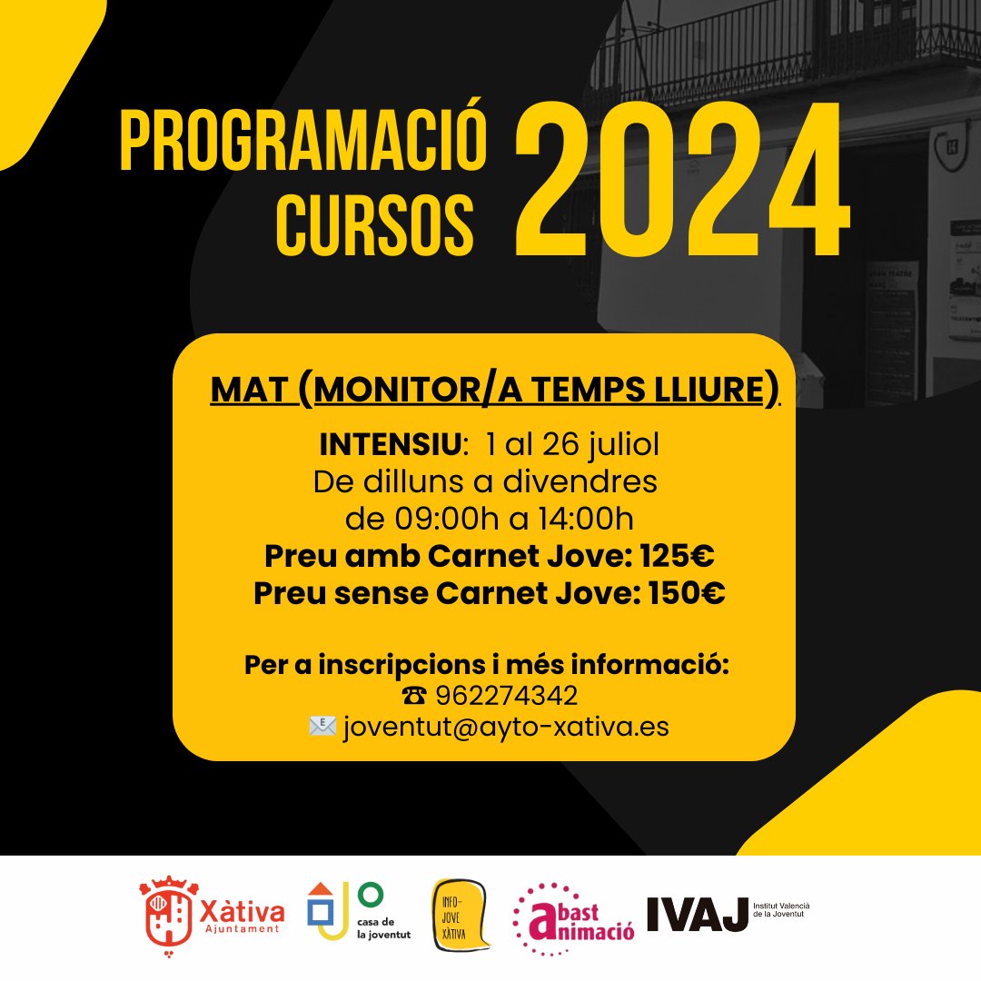 📝 Xàtiva ofereix un curs de monitor/a de temps lliure dirigit a persones joves per al mes de juliol.

🗓️ Tindrà una durada de 310 hores i un preu de 125 € amb Carnet Jove i de 150 € per a la resta.

➕ tinyurl.com/2t9w3xpv