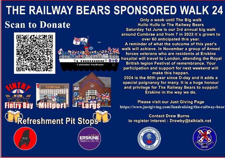 This Saturday 1st June is The Railway Bears Third annual big walk around Cumbrae! In November a group of Armed forces veterans who are residents at Erskine Veterans Charity will travel to London, attending the Royal British Legion Festival of Remembrance 2024 is the 80th