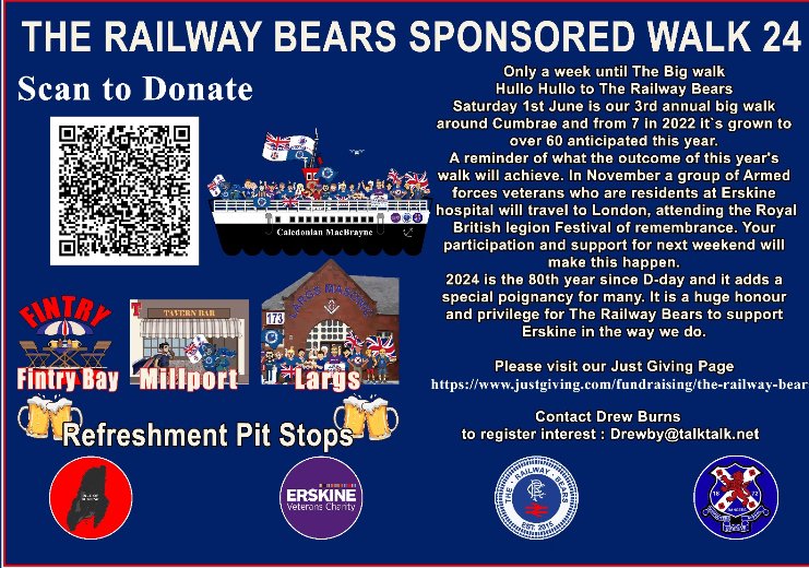 ErskineCharity's tweet photo. This Saturday 1st June is The Railway Bears Third annual big walk around Cumbrae!

In November a group of Armed forces veterans who are residents at Erskine Veterans Charity will travel to London, attending the Royal British Legion Festival of Remembrance

2024 is the 80th anniversary of D-Day, which makes this so important for our Veterans💜 We can't make all this happen without your support.

Interested in supporting the cause? Head to the Railway Bears fundraiser.

🌐https://t.co/4ODweh1gfS