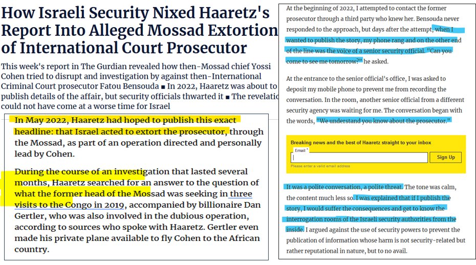 By now, you know of reports @guardian and @972mag of the Mossad’s intimidation against former International Criminal Court prosecutor, Fatou Bensouda. Well, in 2022 Haaretz also tried to publish the story. The reporter working on it received threats by a senior security officer