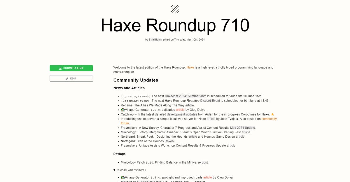 #Haxe Roundup 710 haxe.io/roundups/710/ is out!

The lastest articles, devlogs and video tutorials! 📰

The latest library releases, open source &amp; closed source updates! 💻

Plus lots more developements from around the community over the last two weeks! 🔥