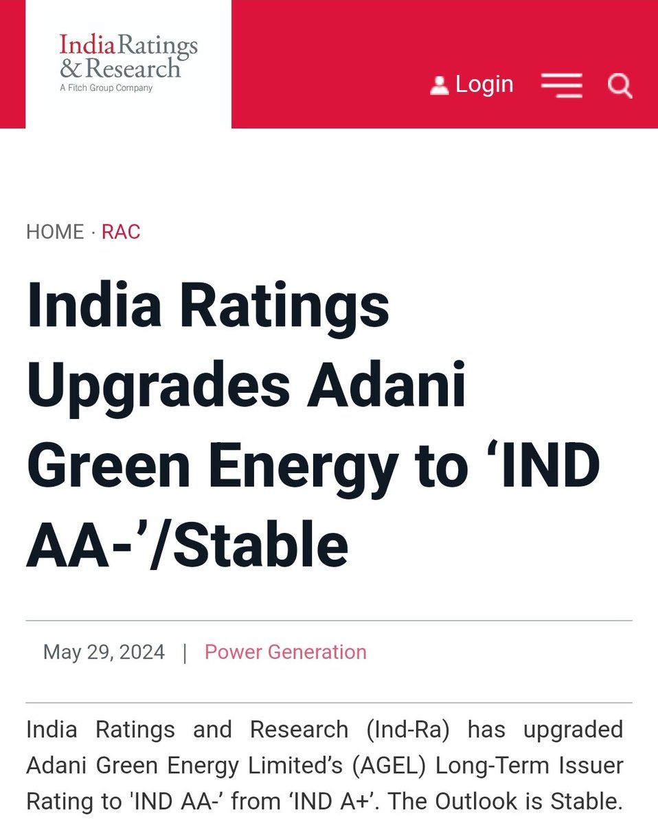 India Ratings and Research (Ind-Ra) has upgraded #Adani Green Energy Limited’s (AGEL) Long-Term Issuer Rating from ‘IND A+’ to ‘IND AA-’. 

The outlook is stable, reflecting the company’s robust operational performance.

Another blow to propagandists.