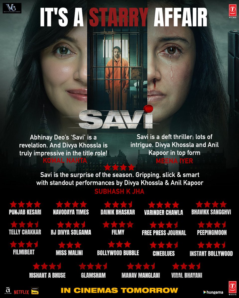 It's raining stars for #Savi!🌟

#Savi in cinemas tomorrow.
Book your tickets now!

linktr.ee/Savi_BookTicke…

@AnilKapoor #DivyaKhossla #HarshvardhanRane  @deo_abhinay #VisheshEntertainment @_VisheshEnt_ @AAFilmsIndia
 #MukeshBhatt #BhushanKumar #KrishanKumar #SakshiBhatt