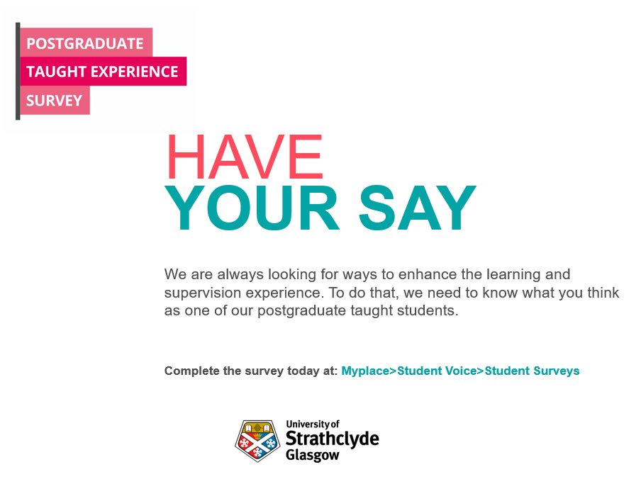 Postgraduate students - the PTES closes today! 

Don't miss out on the opportunity to share feedback on your course, and be in with the chance to win a £300 voucher!

classes.myplace.strath.ac.uk/login/index.php