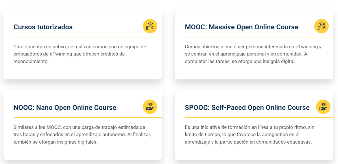 ℹ️¿Conoces la oferta formativa #eTwinning?👇 👉Cursos tutorizados 👉MOOC 👉NOOC 👉SPOOC 👉Eventos de Formación Presencial 👉Encuentros Didácticos Nacionales 🖱️etwinning.es/materiales-for…