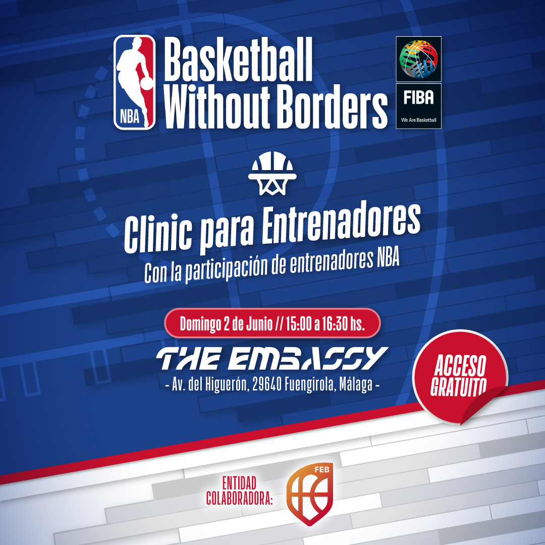 Este domingo, apúntate a Basketball Without Borders 😎 👉 Un clinic para entrenadores ofrecido por @NBAspain y @FIBA_es 🏀 📆 Domingo 2 ⏰ 15:00 - 16:30h 📍 The Embassy (Málaga) #SomosEquipo #BWBEurope