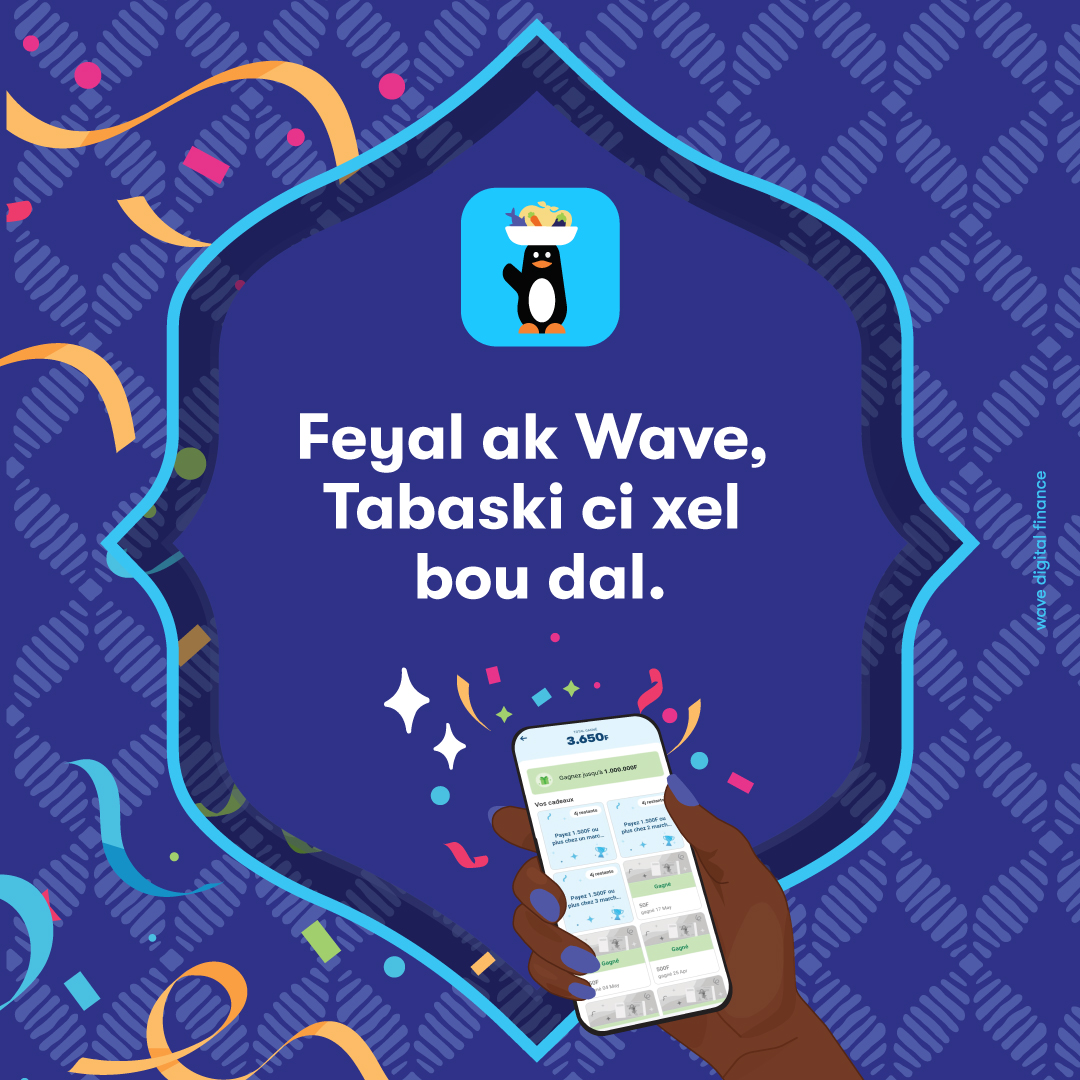 Ci Tabaski bi, Wave indil na leen tombola bou amoul fenn!
Khaar, getzner, bons d'achat ak xaliss, lepp ngi ci bir 🎉 waawaw !
No leen di deff ba meun ci am ?
Da ngeen di fey ak Wave, xoss seeni cartes cadeaux, rek bok ci tombola bi ngir meun jott ci  xewël yi.

#Waveko #Tabaski