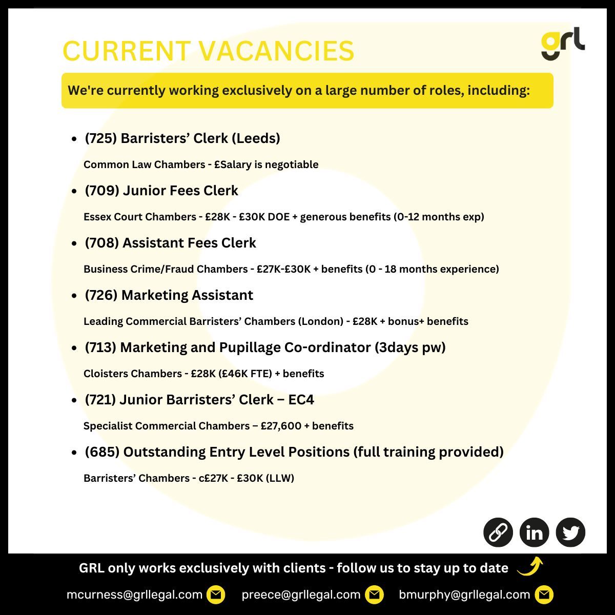 GRL bring you exciting opportunities for #legalcareer advancement across the UK. We have a number of legal recruitment #vacancies at Leading Organisations. Our current vacancies are here. Full advertisements on our website. 

Send your CV ⬇️ 
📧 recruitment@grllegal.com