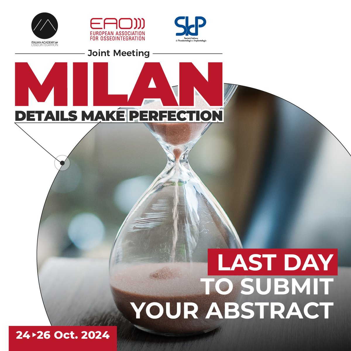 Last day to make a difference! 
Finalise your abstract before tonight, 23:59 (Paris time) ⏰ and get a chance to showcase your research to your peers during the  IAO-EAO-SIdP joint meeting  in Milan on Oct. 24-26, 2024! .

👉 ow.ly/iTkA50R6Afr

#EAOcongress #EAOcommunity