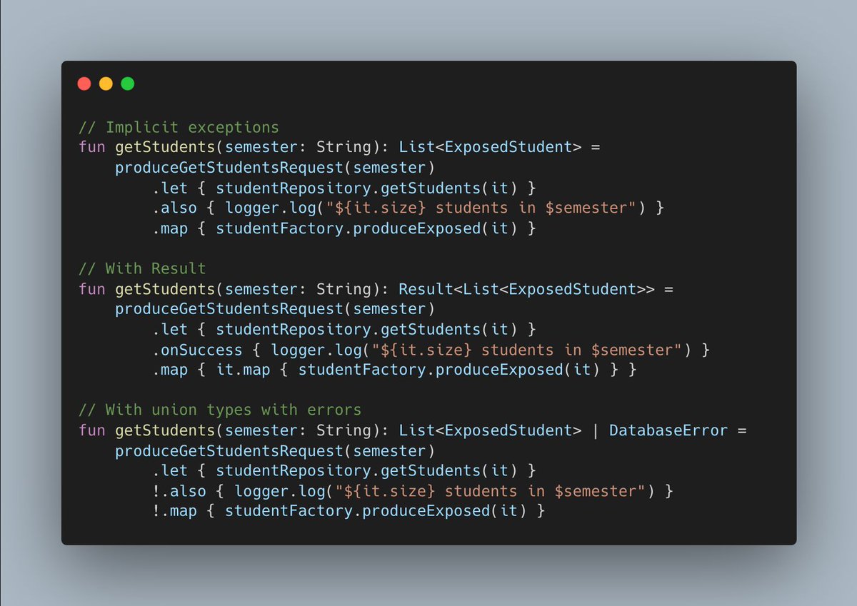 marcinmoskala's tweet image. The Lead Kotlin Designer announced the biggest change to Kotlin in years: union types with errors. That might significantly change how we deal with exceptional cases and how we use Kotlin. Let me show you how it works and what support we can expect. Thread 🧵 👇