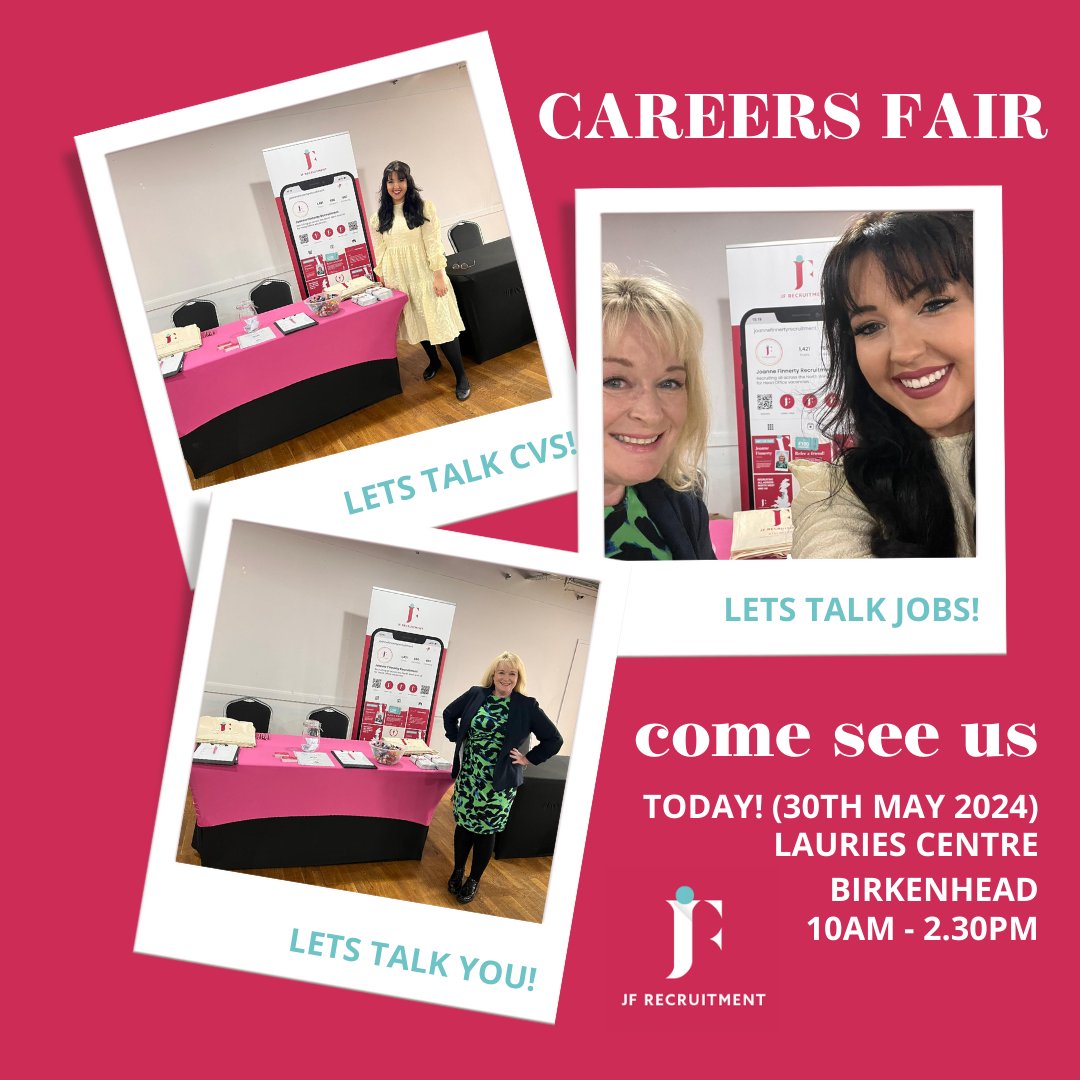 Come see Faye and Jo today at the Wirral Careers Fair - the lauries centre, birkenhead. 10am - 2.30pm. They're ready to share their advice on CVs, careers and talk about our latest jobs. #careersfair #jobs #wirral #jfrecrutiment #birkenheadjobs