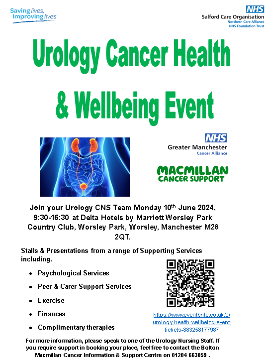 boltonmacinfo's tweet photo. 💚Have you had a diagnosis of prostate, bladder, kidney or any other urological cancer? If so, you are warmly invited to a health &amp; Wellbeing event hosted by the Urology Clinical Nurse Specialist Team.
If you require help booking onto the event, please call us 01204 663059. https://t.co/UAEOL51XwJ