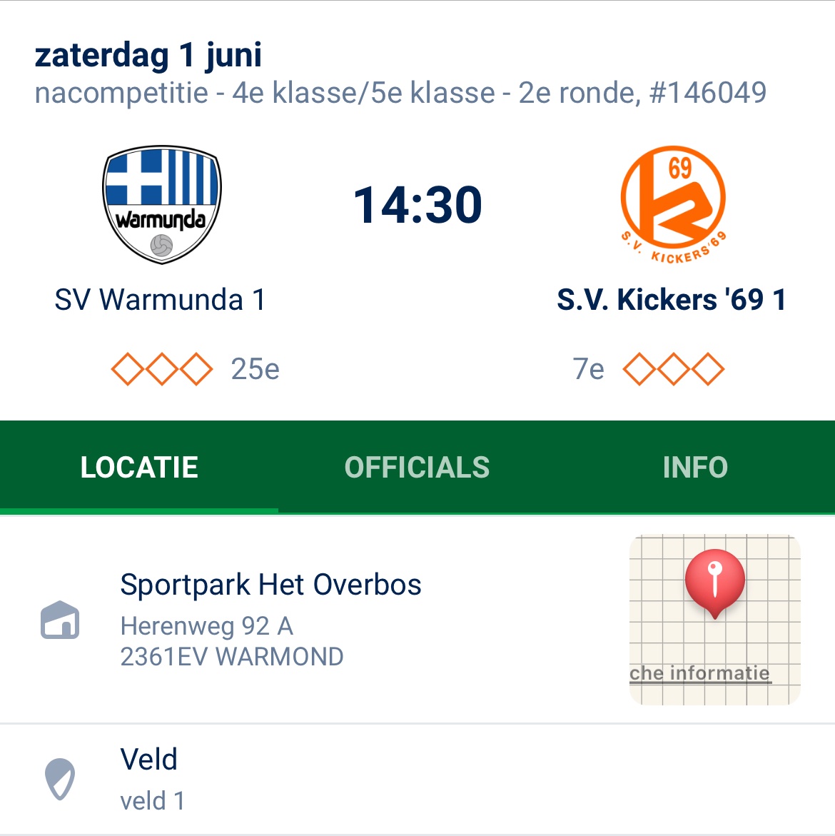 Na de 4-2 winst op NOC Kralingen afgelopen dinsdag, is Kickers door naar de 2e ronde van de nacompetitie. Zaterdag is Warmunda de tegenstander. Bij winst gaat Kickers door naar de 3e, en tevens de laatste ronde voor promotie naar de 4e klasse.