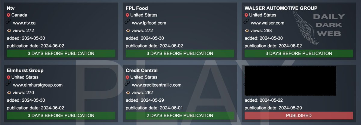 Play #ransomware group has announced 5 new victims on its blog site

#Canada 🇨🇦 (1)
#USA 🇺🇸 (4)

🇨🇦 - NTV Canada
🇺🇸 - FPL Food
🇺🇸 - Walser Automotive Group
🇺🇸 - Elmhurst Group
🇺🇸 - Credit Central

#DarkWeb #cyberattack