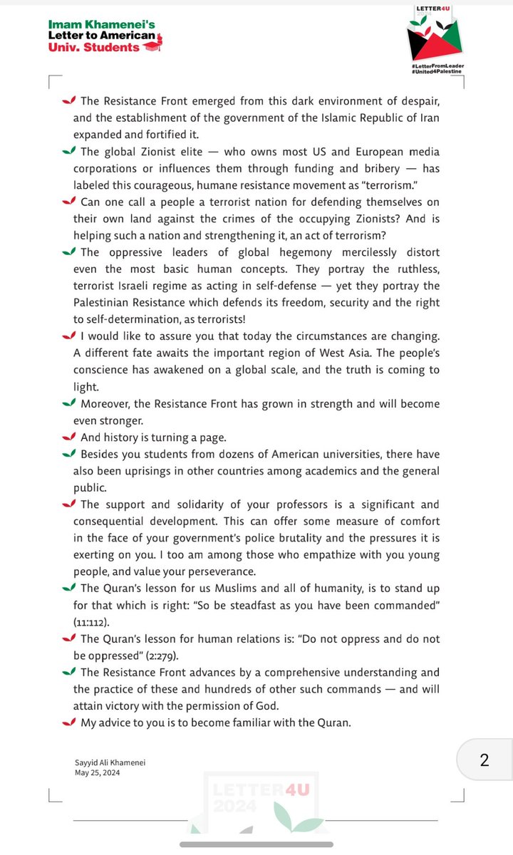 saeid_hadavi's tweet photo. The letter of the Supreme Leader of the Islamic Revolution of Iran to the students of the universities of the United States of America
#letterfromleader
#united4palestine
#letter4u2024 https://t.co/tLo13jaQPb
