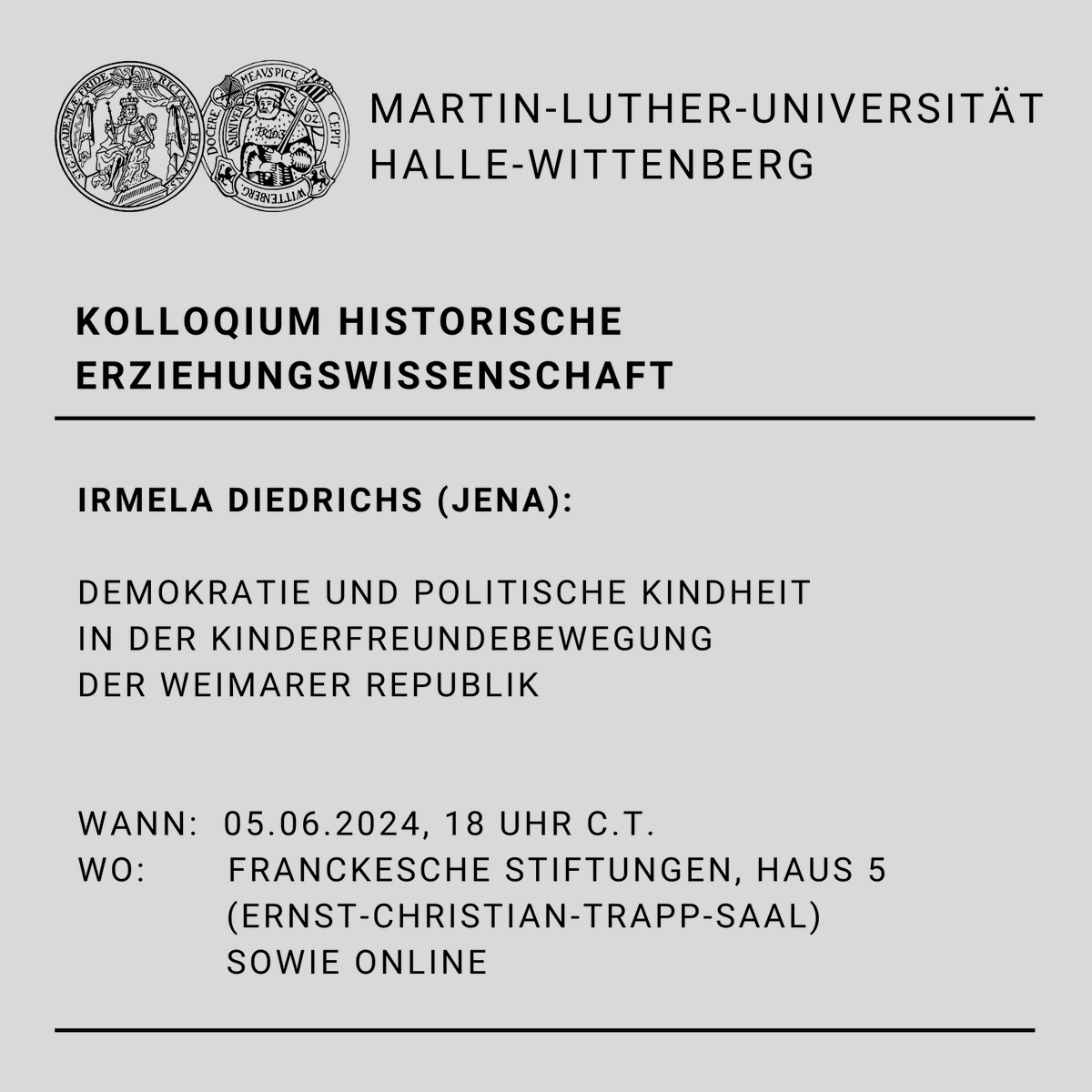 AB_HistErzMLU's tweet photo. Auch nächste Woche wieder: Kolloquium der Historischen Erziehungswissenschaft.  @DiedrichsIrmela (Jena) spricht Mittwoch (05.06.) über Demokratie und politische Kindheit in der Kinderfreundebewegung der Weimarer Republik. Online hier zu verfolgen → https://t.co/1GCL8biq0x https://t.co/nfOkHLrzDu