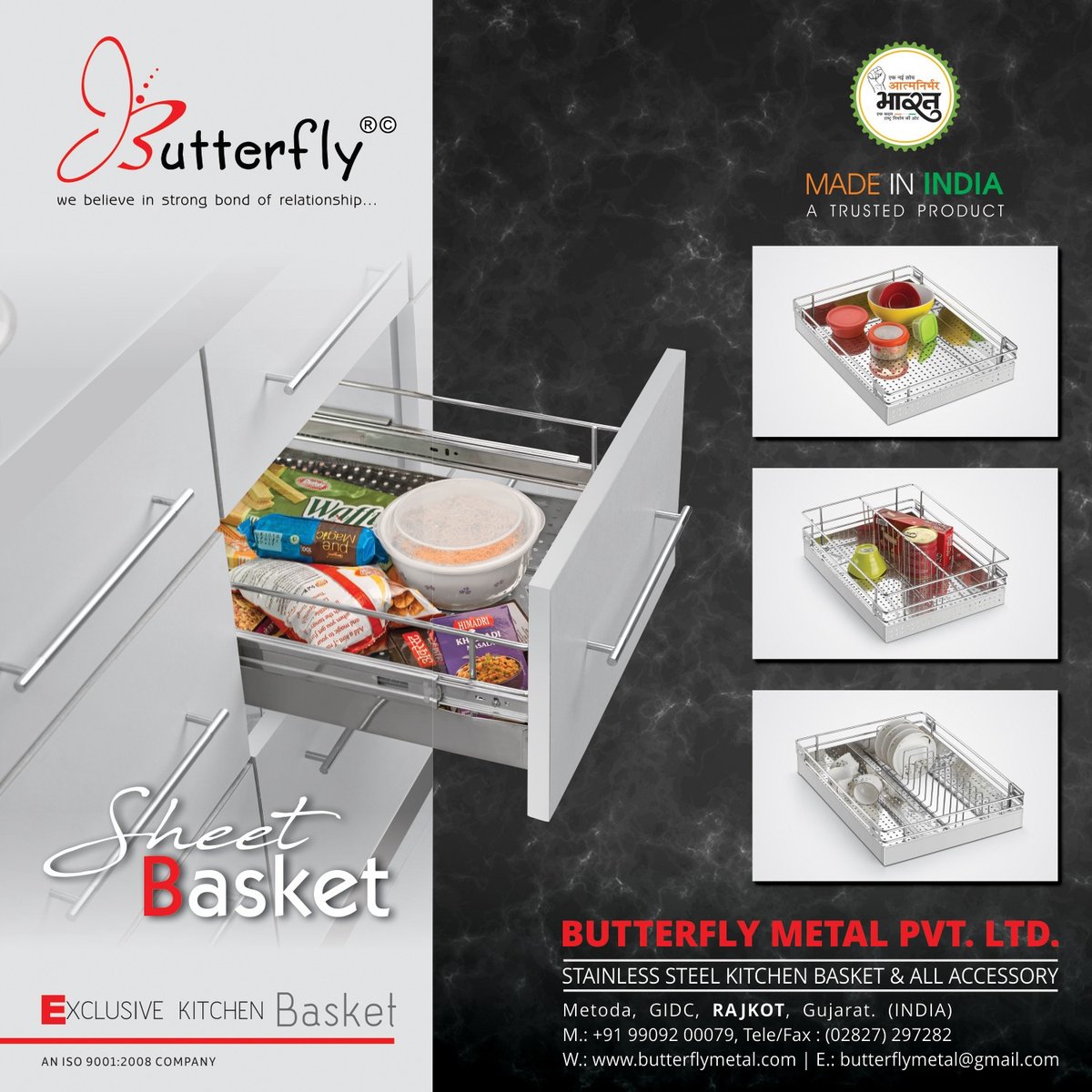 Transform your space with style with the Butterfly Exclusive Sheet Basket.
#Butterfly #SheetBasket #HomeOrganization #StorageSolutions #HomeDecor #InteriorDesign #KitchenBasket #ButterflyMetal #Rajkot #KitchenAccessories #KitchenFittings