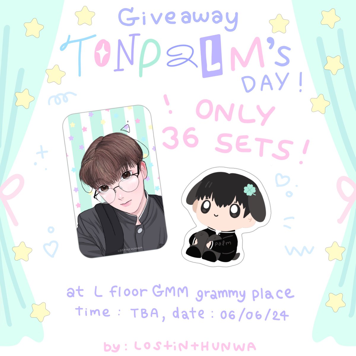 𓈒 ݁⋆ pls kindly retweet 𓈒 ݁⋆
 𝓖 iveaway ♡ 。TONPALM’s DAY 🍀

✿ photo card
✿ sticker
only 6*6 = 36 sets !

🗓️ : 06/06/24
🕰️ : TBA
📍: L floor GMM grammy place

exchange pls dm ♡
#PERSES #PERSES_TH 🐾
#happyPALMday #PALM_PERSES