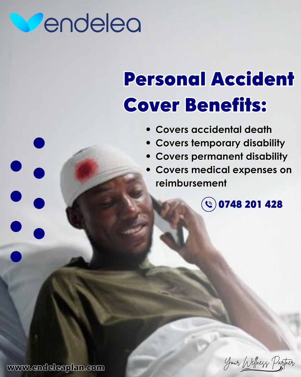 EndeleaPlan's tweet image. Get our Endelea Basic personal accident cover with monthly rates from as low as Ksh.200 per month. Call, text or WhatsApp us on 0748201428.

#YourWellnessPartner #insuranceagent #affordableinsurance #insurancekenya #PersonalAccidentInsurance #PersonalAccidentCover