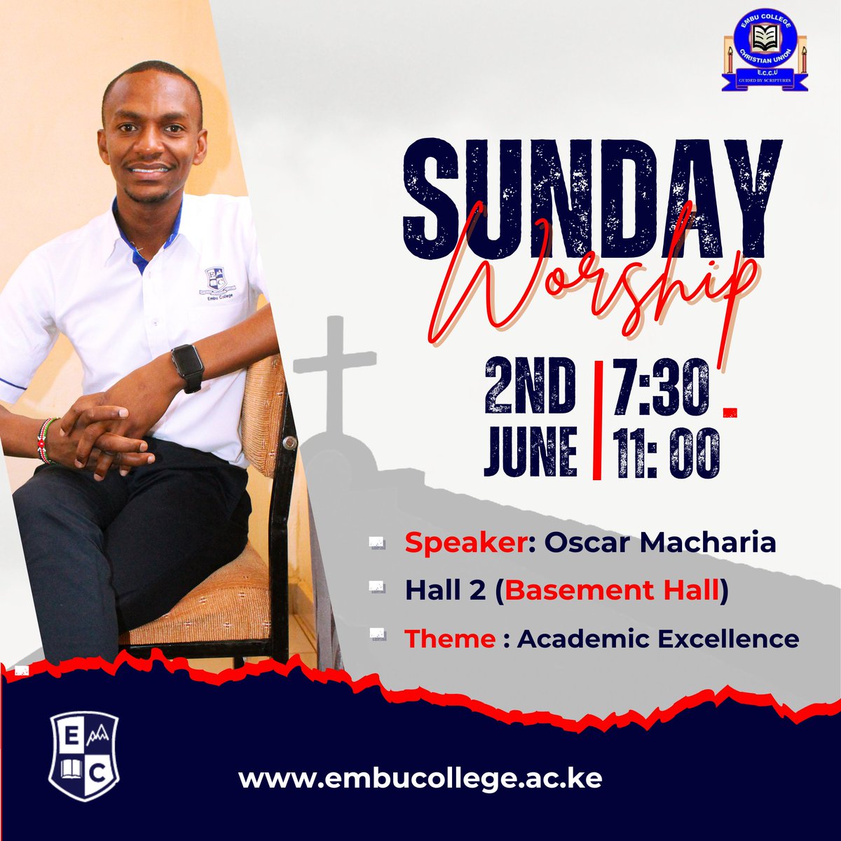 Empower your academic journey this Sunday with insights from renowned guest speaker Oscar Macharia. Join us for a service filled with wisdom and inspiration. #twendechurch #SundayService #embucollege #AcademicExcellence #KnowledgeIsPower