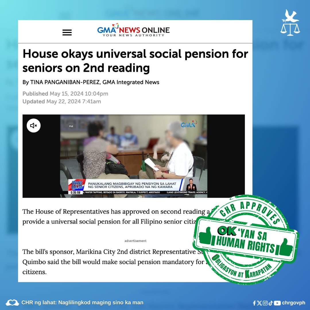 The House of Representatives has approved on second reading a bill that will provide a universal social pension for all Filipino senior citizens. Read: gmanetwork.com/news/topstorie… #ObligasyonAtKarapatan #RightsOfOlderPersons