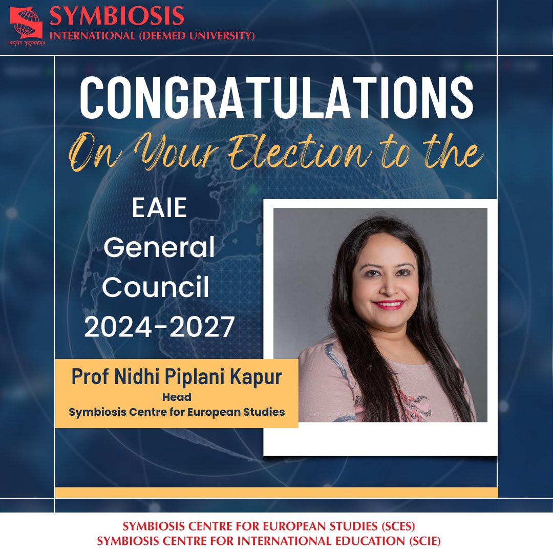 Prof. Nidhi Piplani Kapur, Head of Symbiosis Centre for European Studies has been elected to EAIE General Council for 2024-27! Her leadership in international education promises positive change. Congratulations, Prof. Kapur! 
✨ #EAIE #EducationLeadership'