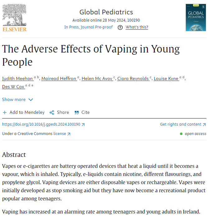allislandIPH's tweet photo. #JustPublished
New paper on Adverse Effects of Vaping in Young People in Global Pediatrics says #vaping is a global #publichealth issue that must be addressed urgently - research by @RCPI_news, @publichealthie, @tcddublin, @CHI_Ireland & @ucddublin ⬇️
https://t.co/3geDNVGKvd