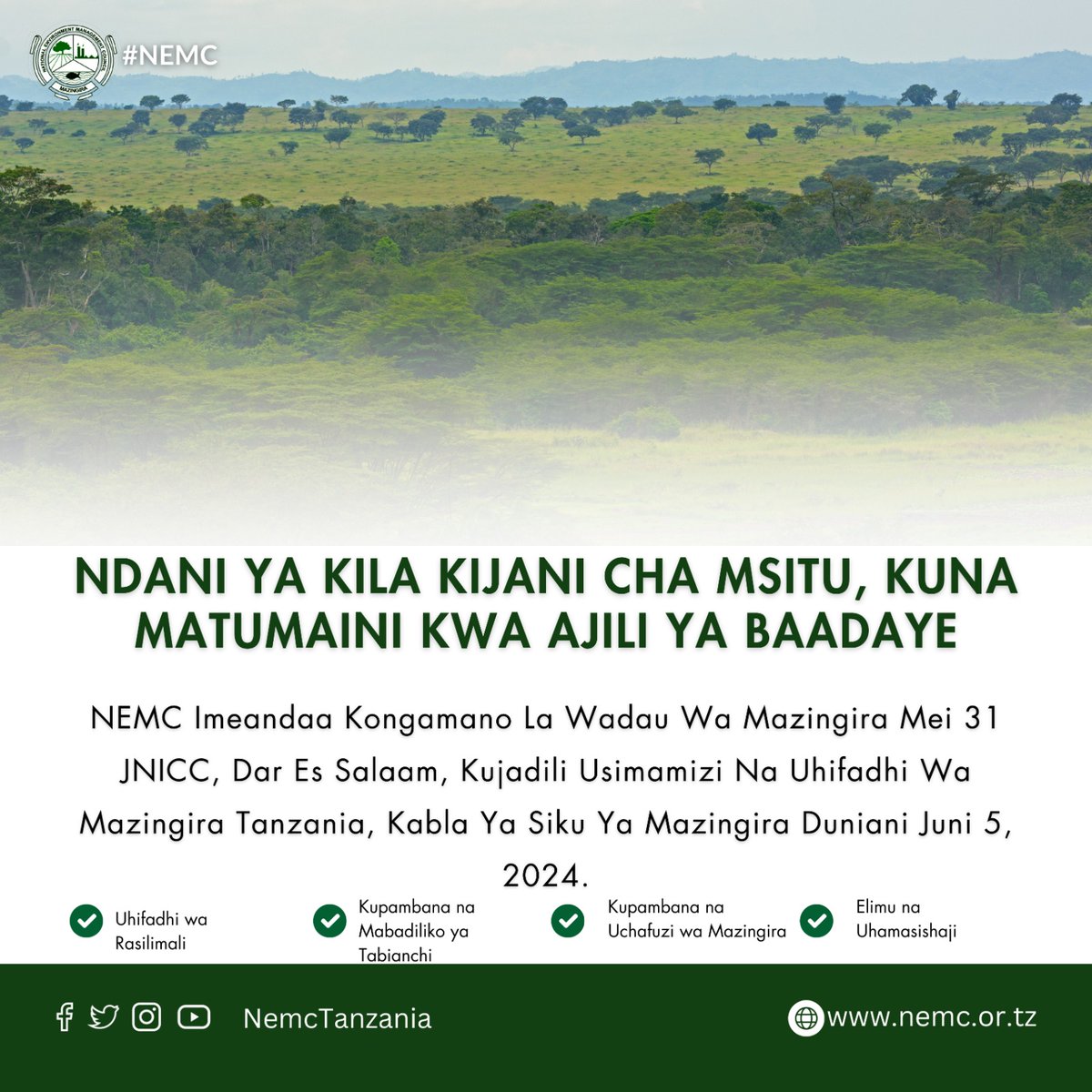 Baraza La Taifa la Hifadhi na Usimamizi wa Mazingira (NEMC) Limeandaa Kongamano La Wadau Wa Mazingira Mei 31 JNICC, Dar Es Salaam, Kujadili Usimamizi Na Uhifadhi Wa Mazingira Tanzania, Kabla Ya Siku Ya Mazingira Duniani Juni 5, 2024.
#NEMC #Ikulu #SSH #VPO #OMR #Mazingira.