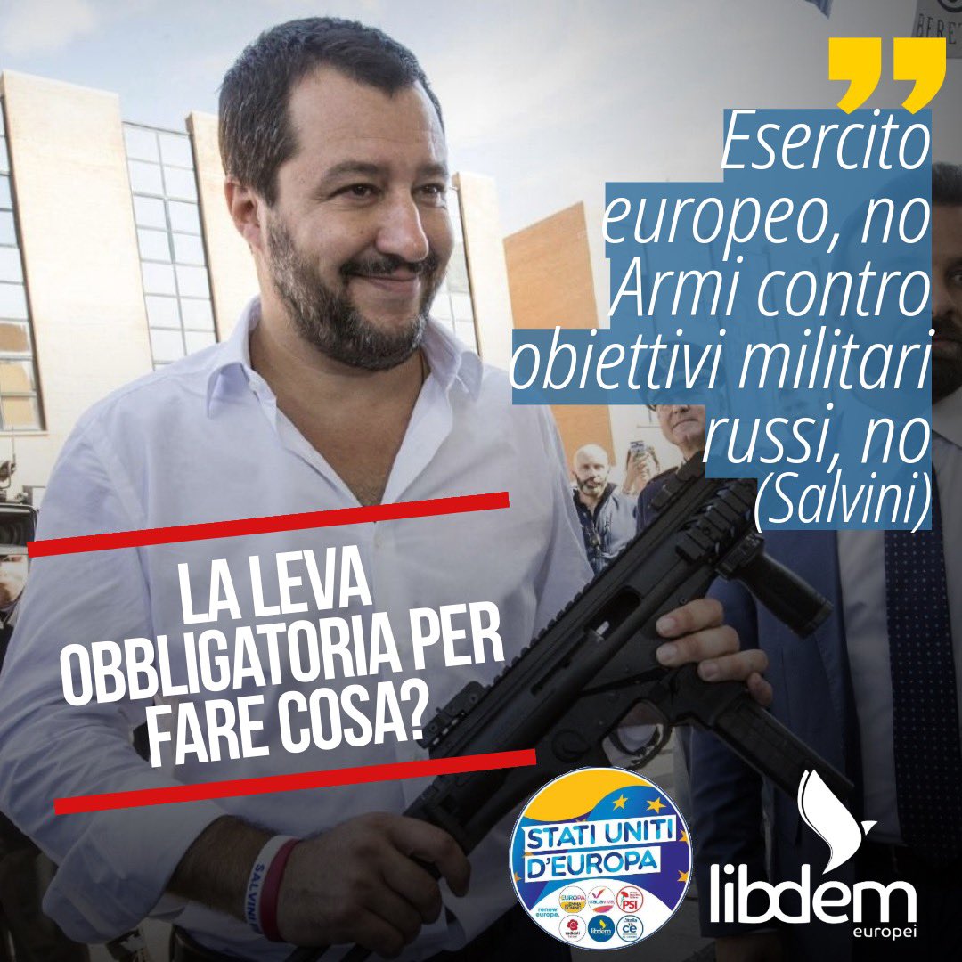 No all’#esercitoeuropeo, no alla difesa dell’#Ucraina colpendo le postazioni di lancio 🚀 russe, ma sì alla leva obbligatoria.
Per fare cosa?
#Salvini